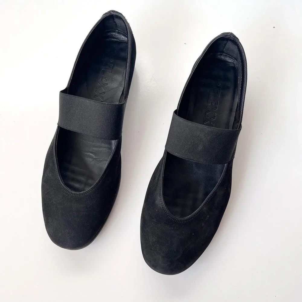 The Flexx Black Suede Mary Jane Elastic Strap Wedge Shoes EU 41‎ US 9.5